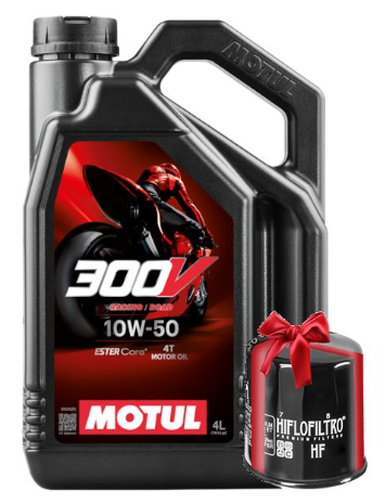 Huile moto Motul 300V Road Racing 10W50 4 Litres + Filtre à Huile Offert