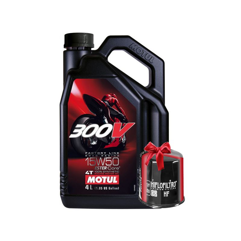 Huile moto Motul 300V 15W50 4 Litres Factory Line Road Racing + Filtre à Huile Offert