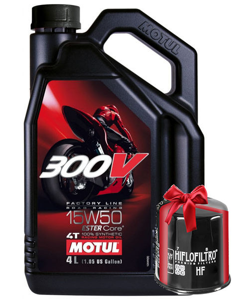 Huile moto Motul 300V 15W50 4 Litres Factory Line Road Racing + Filtre à Huile Offert