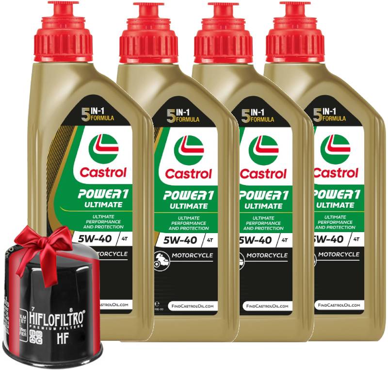 Huile moto Castrol Power 1 Ultimate 4T 5W40 Full Synthetic 4 Litres + Filtre à Huile Offert