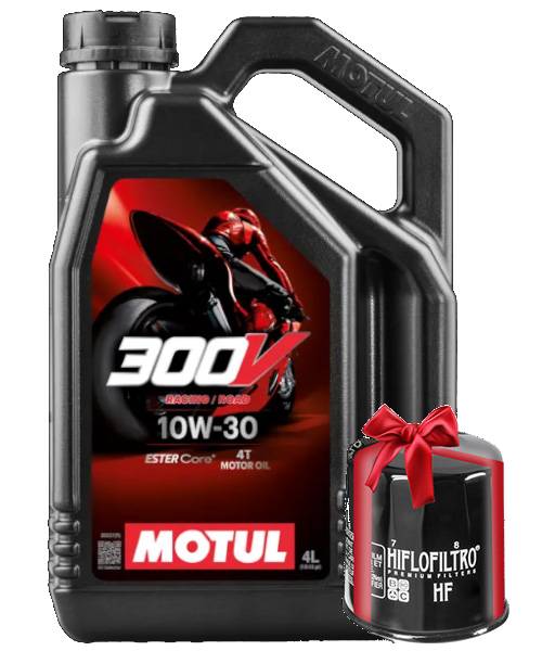 Huile moto Motul 300V Road Racing 10W30 4 Litres + Filtre à Huile Offert