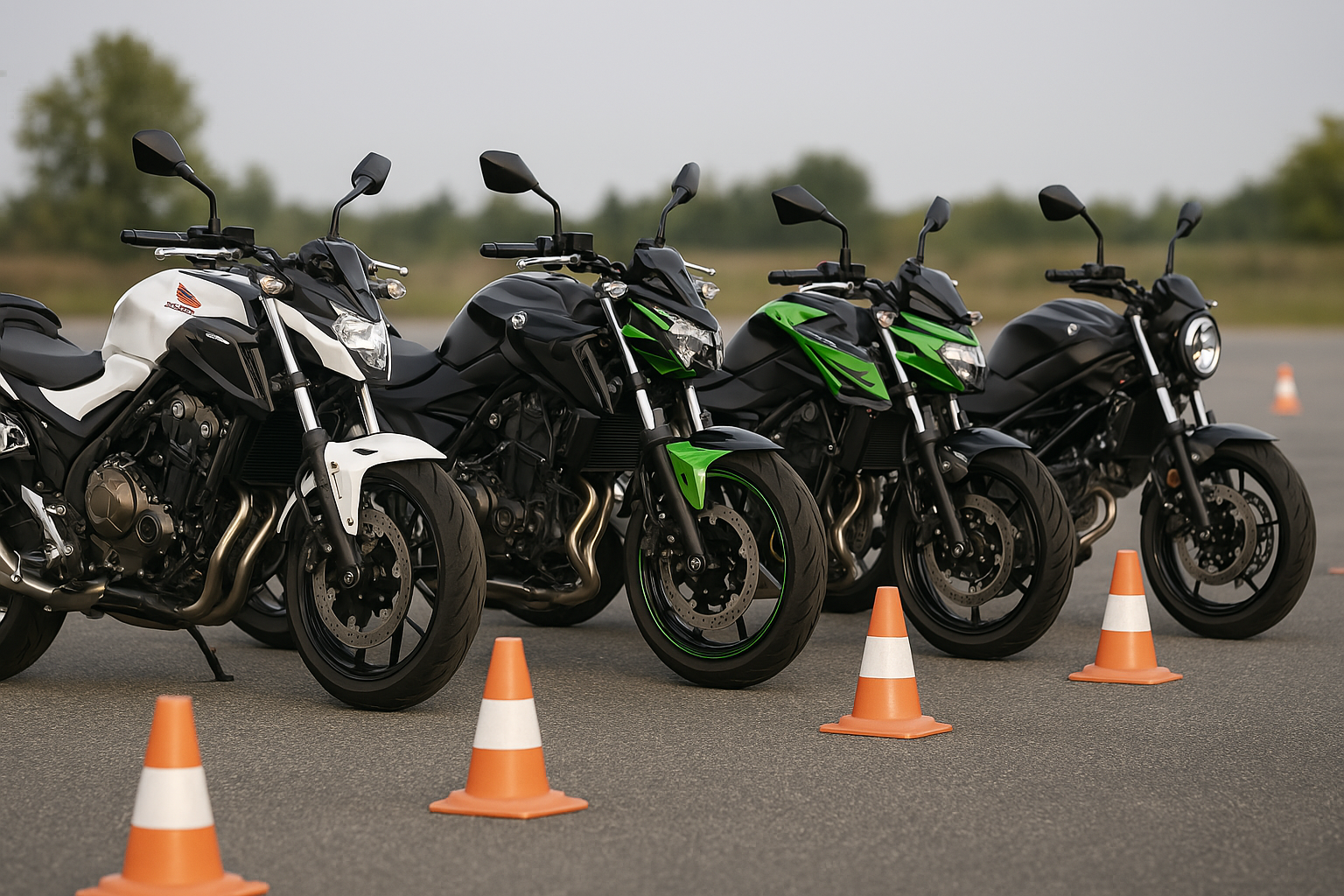 Motos pour débutants sur un plateau avec des cônes, idéales pour le permis A2 – Street Moto Pièce